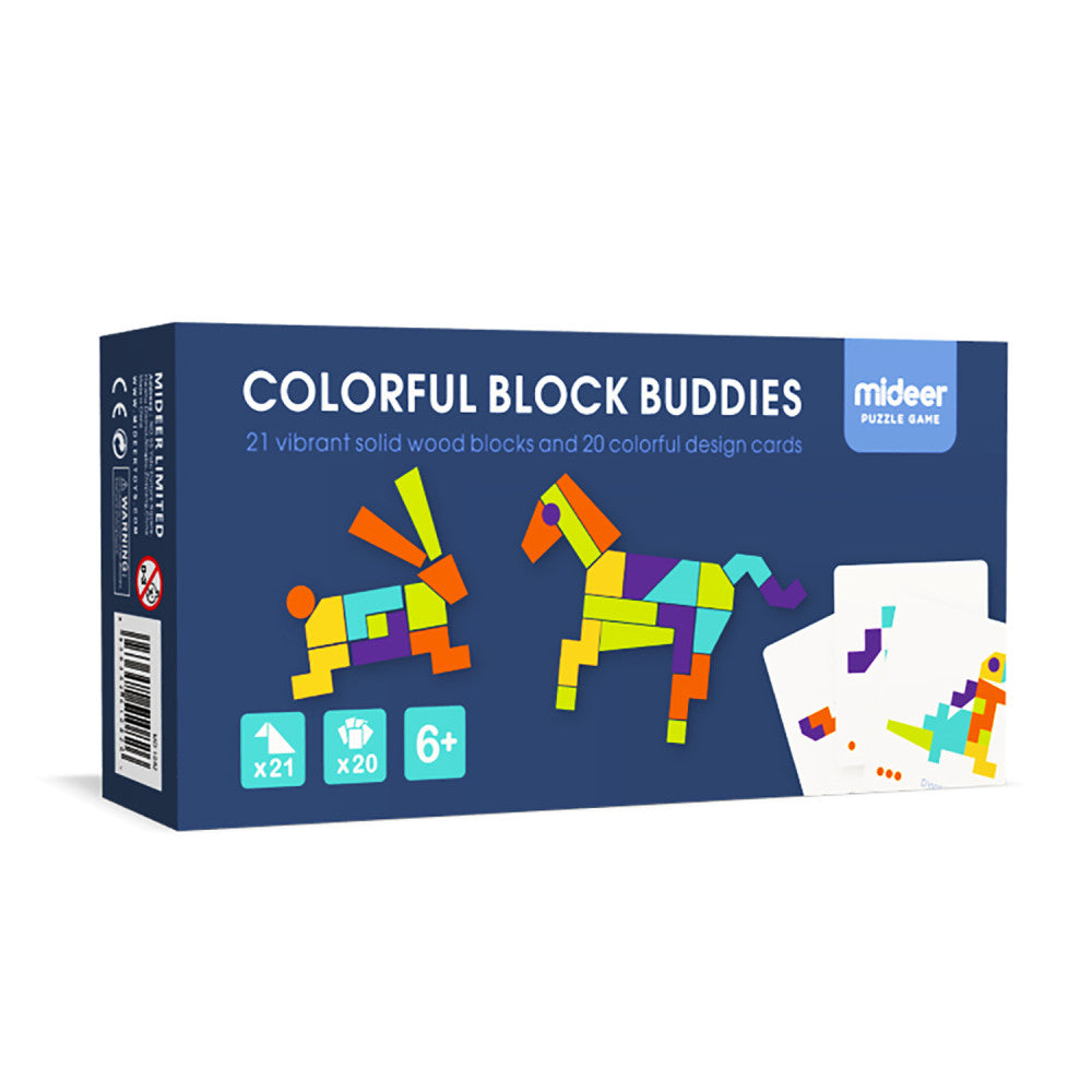 Colorful Block Buddies box showing 21 vibrant solid wood blocks and 20 design cards with examples of llama and horse figures built from blocks, for ages 6+