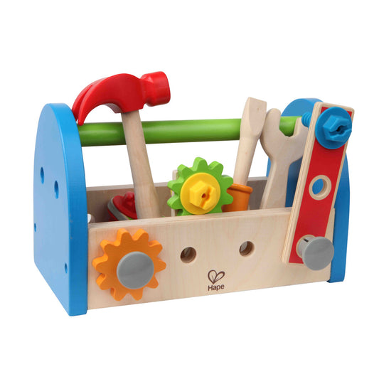 Wooden tool box with blue sides, natural wood base, and colorful pretend tools including red hammer, wrench, screwdriver, and spinning gears