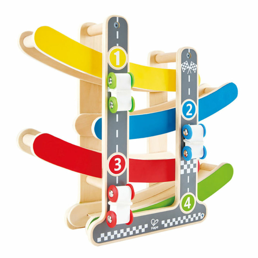 Wooden racetrack toy with four colored lanes and numbered sections, featuring small rolling cars on tracks in yellow, blue, red, and green