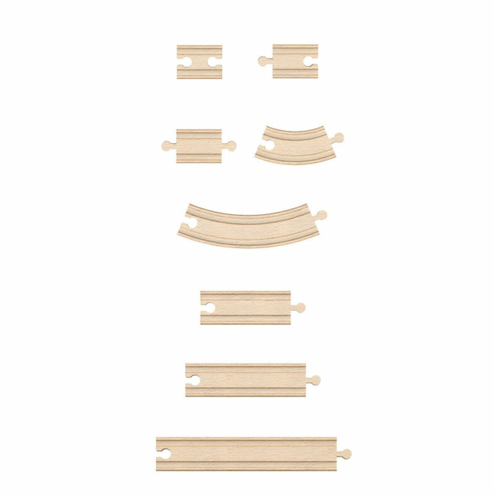 Wooden railway track pieces in various sizes and shapes including straight rails, curved rails, and connector pieces with wooden knobs