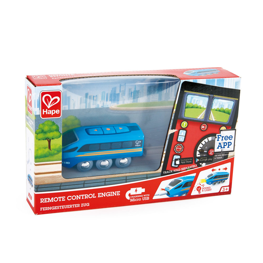 Hape Remote Control Engine train set with blue train car, red remote control, and track pieces on plain background
