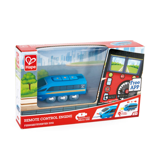 Hape Remote Control Engine train set with blue train car, red remote control, and track pieces on plain background