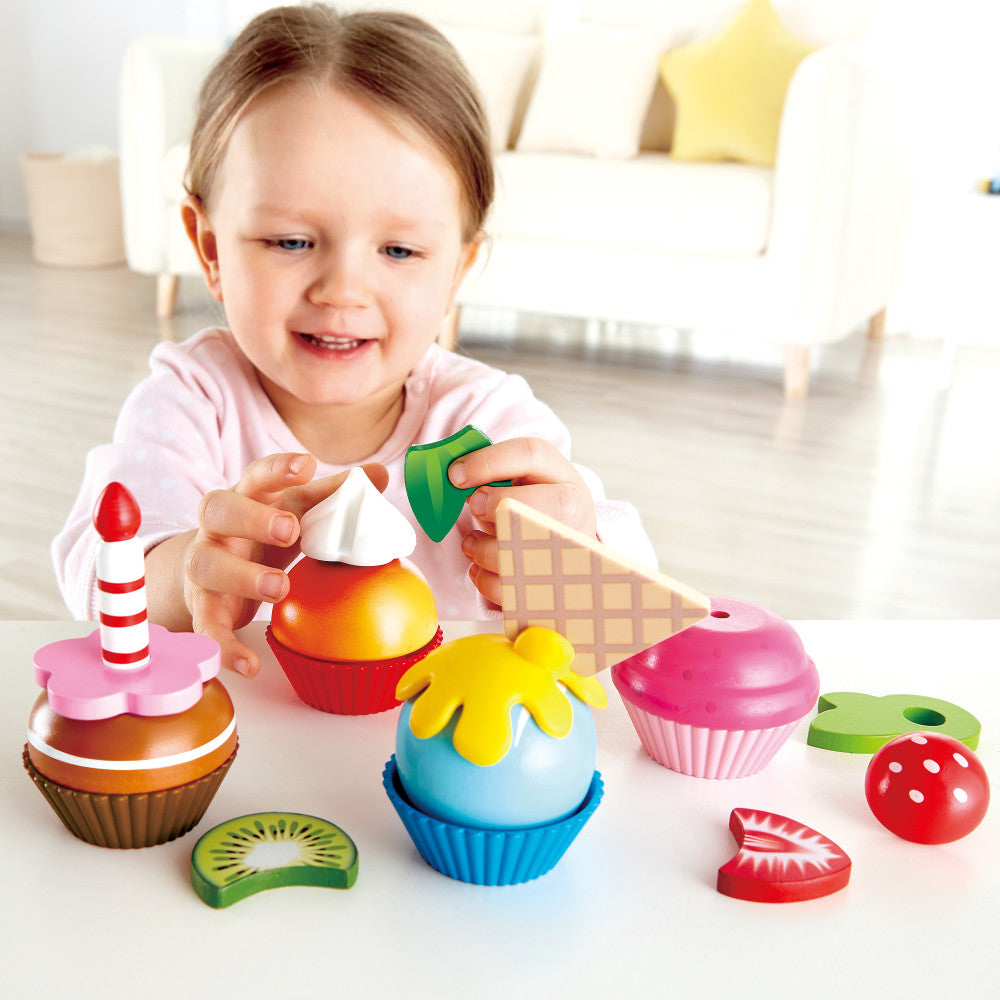 Hape: Cupcakes - 18pcs, Colorful Wooden Desserts Playset