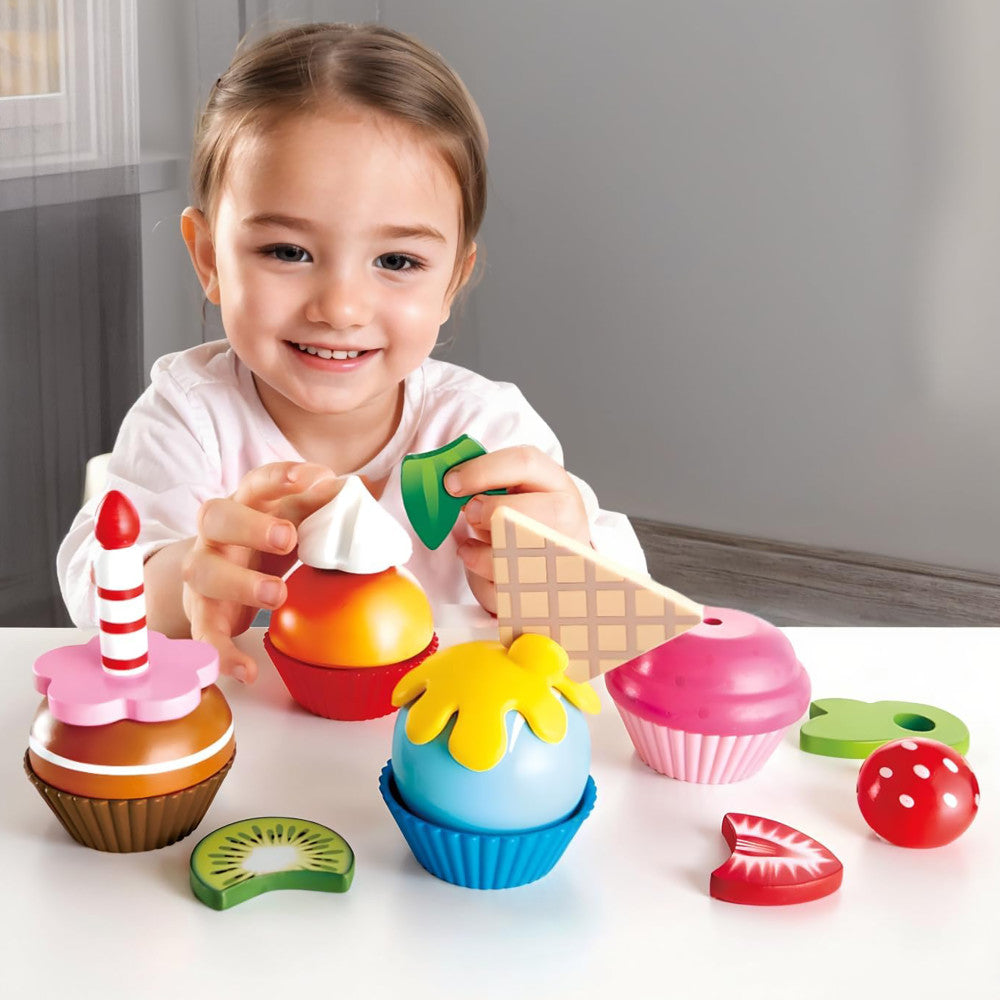 Hape: Cupcakes - 18pcs, Colorful Wooden Desserts Playset