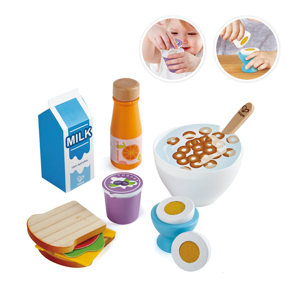 Hape wooden breakfast playset with milk carton, orange juice bottle, yogurt cup, sandwich, bowl of cereal with spoon, and two eggs; circular insets show child h