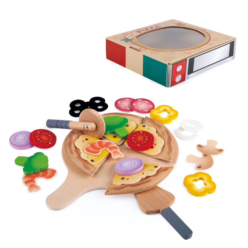 Wooden pizza play set with pizza board, sliceable pizza pieces with toppings, cutting board, knife, and colorful felt vegetables and seasonings