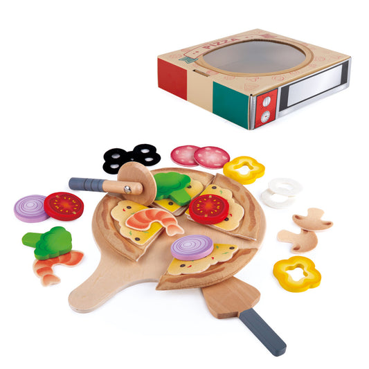 Wooden pizza play set with pizza board, sliceable pizza pieces with toppings, cutting board, knife, and colorful felt vegetables and seasonings
