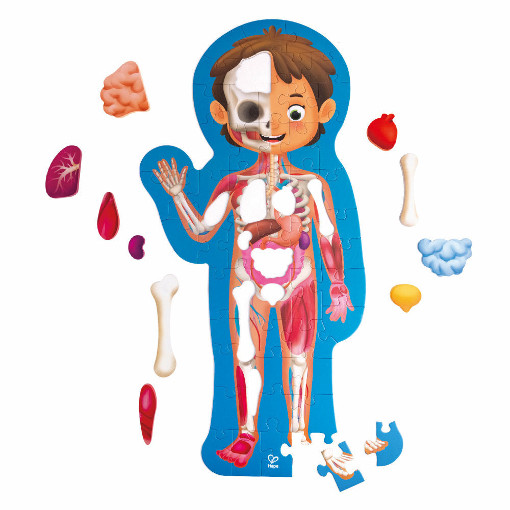 Human body anatomy puzzle with 60 pieces showing skeletal and organ systems on blue puzzle-shaped board, with loose organ and bone pieces displayed around it