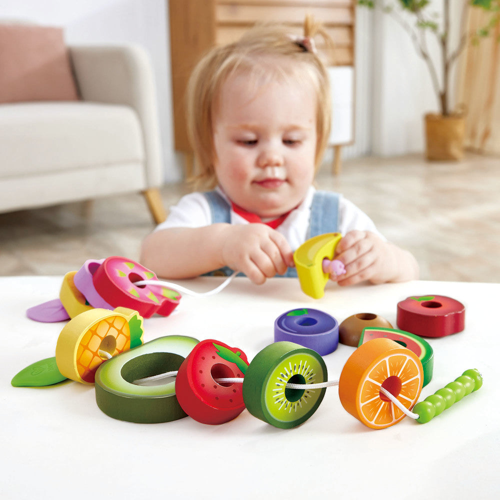 Hape: Caterpillar Fruit Feast Set - 14pc Wooden Stringing Toy