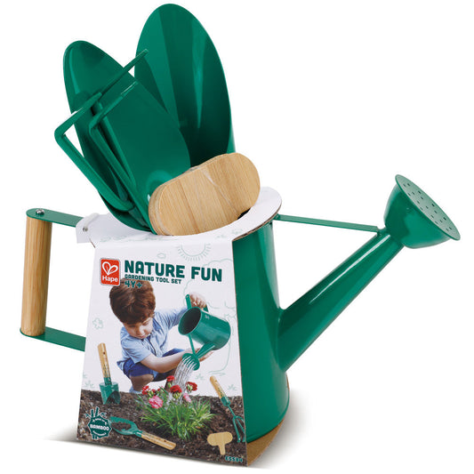 Hape Nature Fun Gardening Tool Set with green watering can and wooden handles