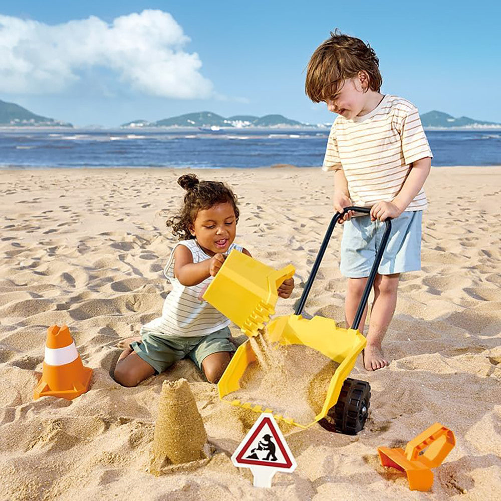 Hape: Construction Sand Toy Dumper Set - 5pc Beach & Sand Toy Set, Bulldozer, Digger Bucket, Safety Cone, Indicator & Cart, Outdoor Playset, Kids Age 3+