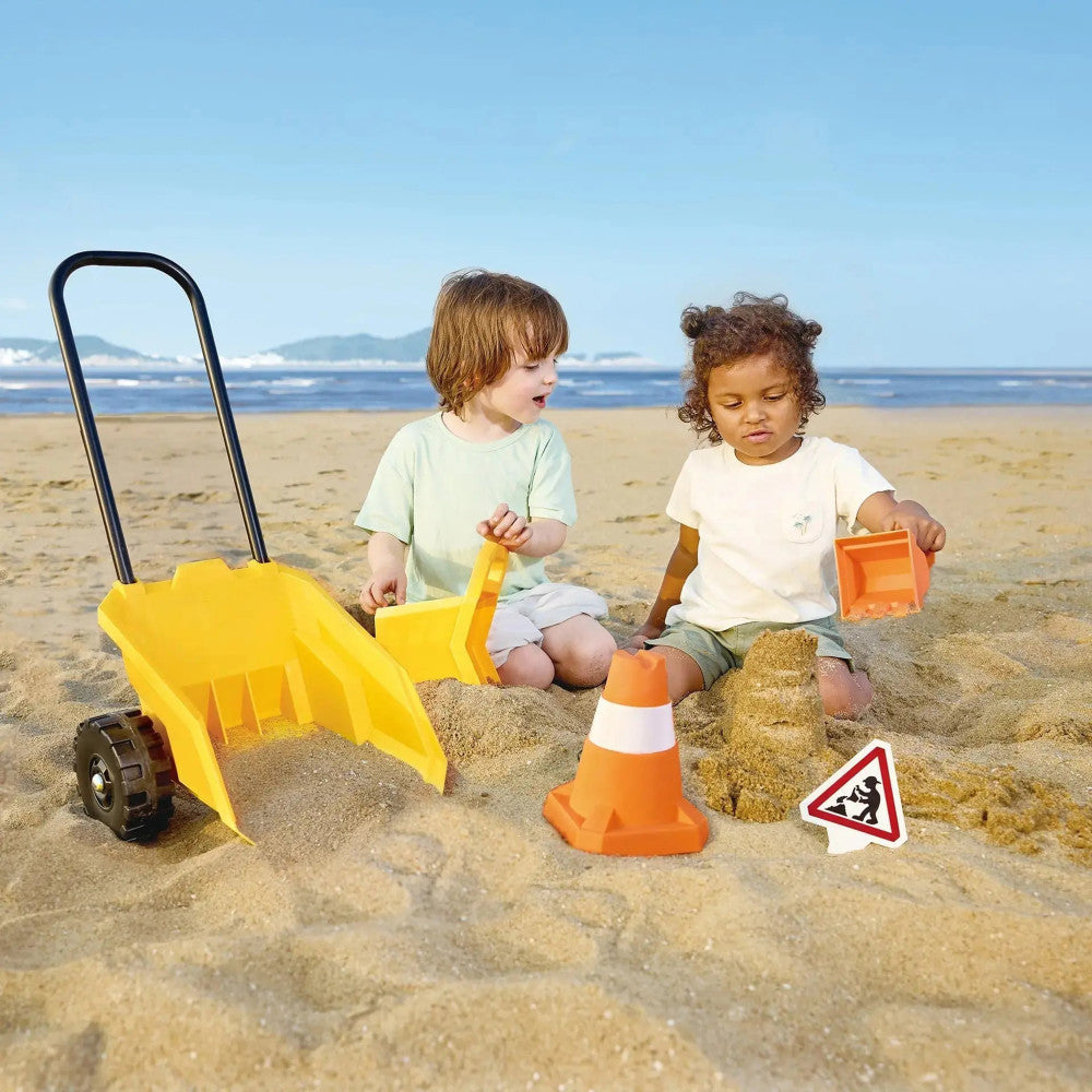 Hape: Construction Sand Toy Dumper Set - 5pc Beach & Sand Toy Set, Bulldozer, Digger Bucket, Safety Cone, Indicator & Cart, Outdoor Playset, Kids Age 3+