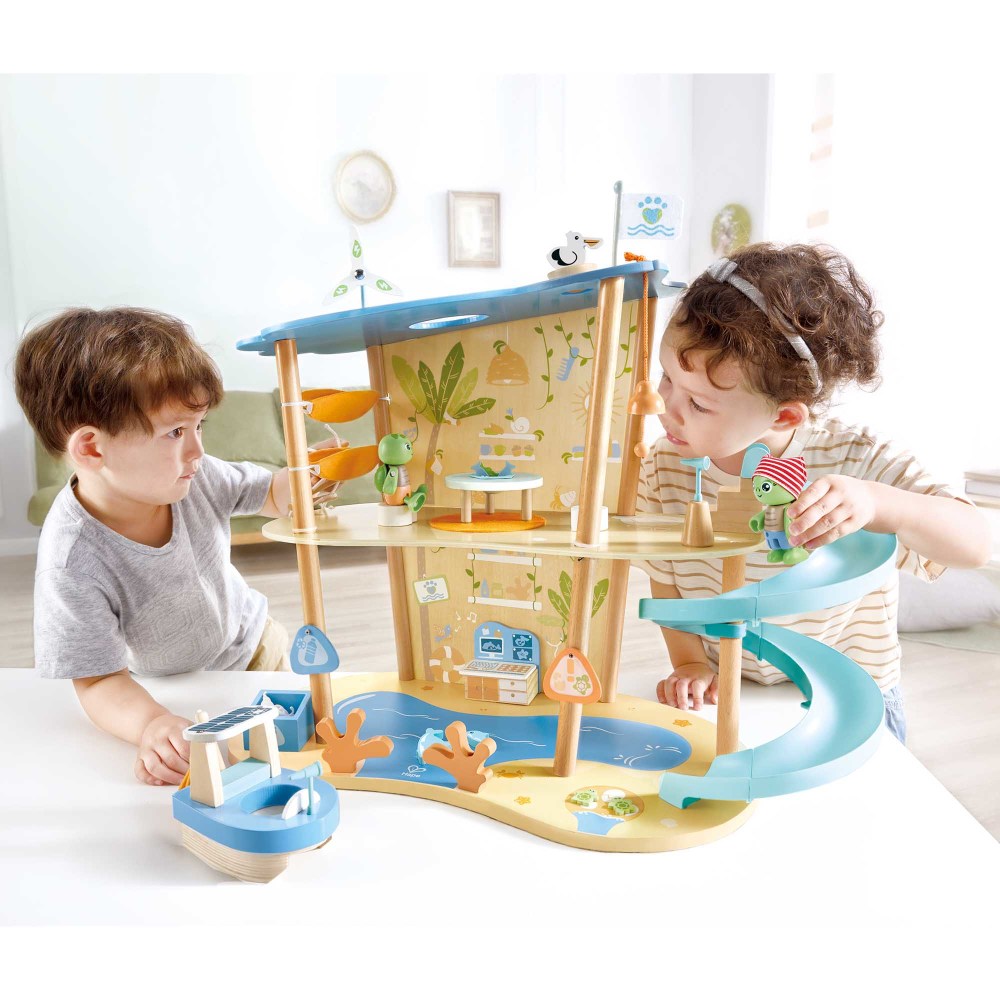 Hape: Ocean Rescue Playset - 47pc Wooden 2 Level Doll House w/ Slide