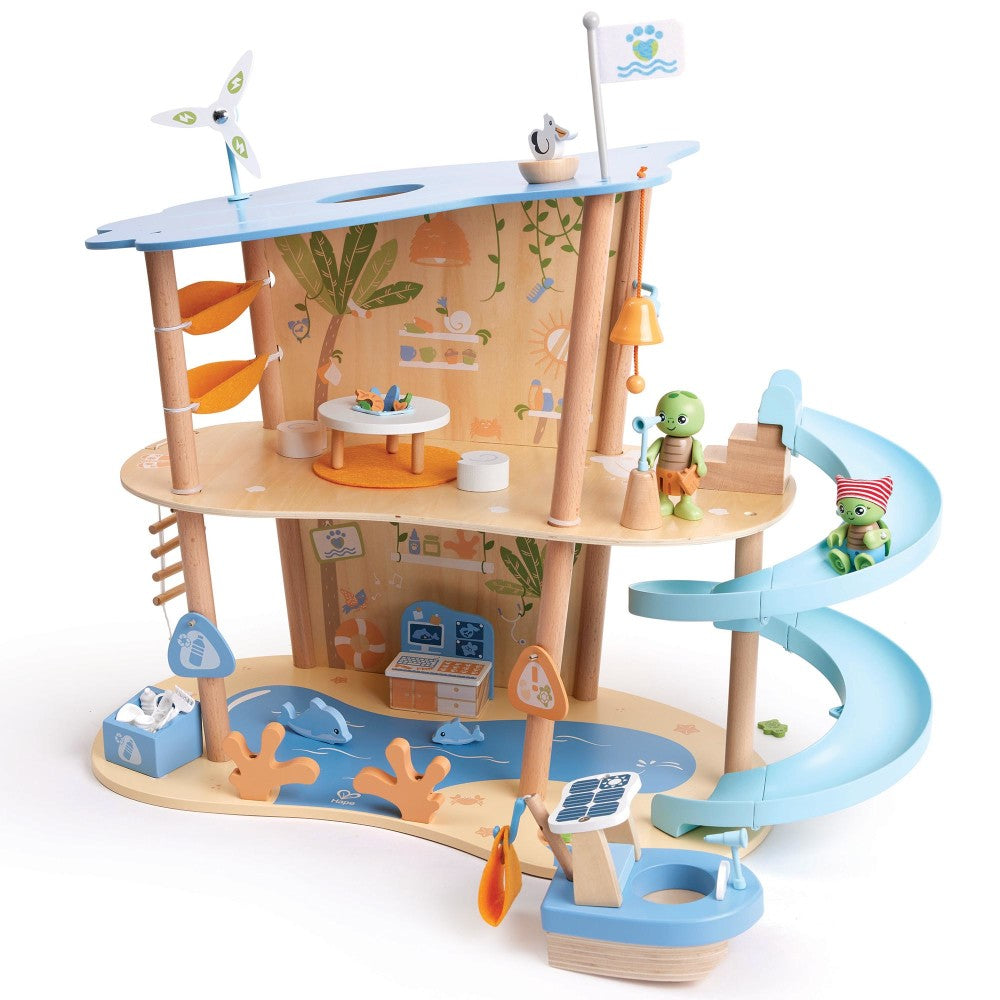 Hape: Ocean Rescue Playset - 47pc Wooden 2 Level Doll House w/ Slide