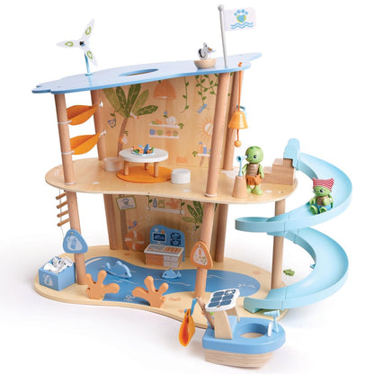 Hape: Ocean Rescue Playset - 47pc Wooden 2 Level Doll House w/ Slide