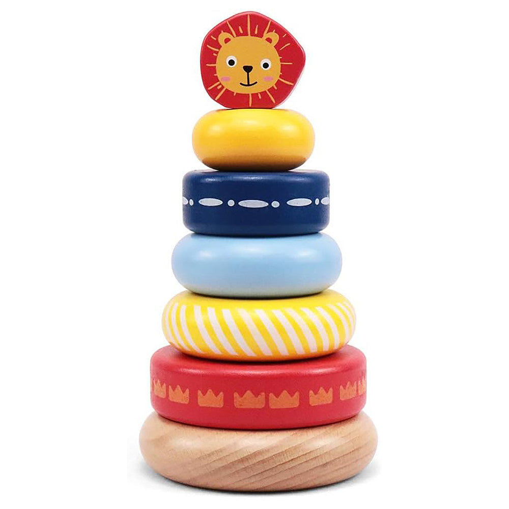 LEO & FRIENDS: Wooden Stacking Ring Toy - Coloful Tower, Leo The Lion Animal Topper