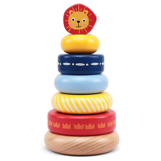LEO & FRIENDS: Wooden Stacking Ring Toy - Coloful Tower, Leo The Lion Animal Topper
