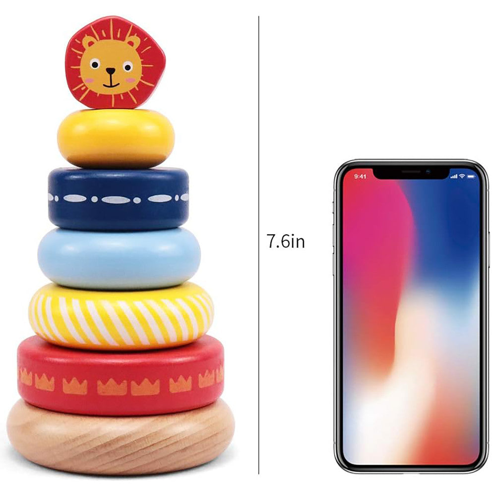 LEO & FRIENDS: Wooden Stacking Ring Toy - Coloful Tower, Leo The Lion Animal Topper
