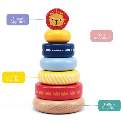 LEO & FRIENDS: Wooden Stacking Ring Toy - Coloful Tower, Leo The Lion Animal Topper