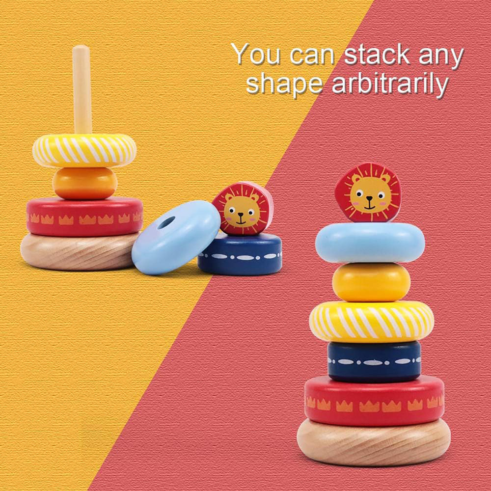 LEO & FRIENDS: Wooden Stacking Ring Toy - Coloful Tower, Leo The Lion Animal Topper