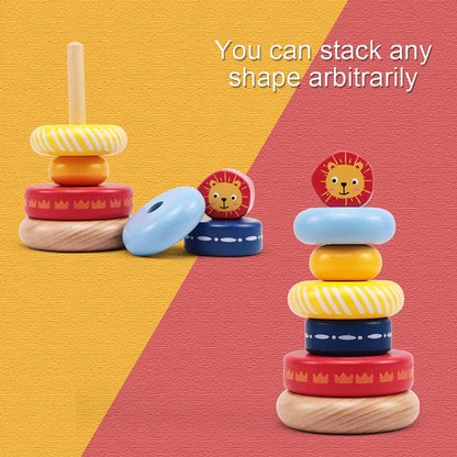 LEO & FRIENDS: Wooden Stacking Ring Toy - Coloful Tower, Leo The Lion Animal Topper