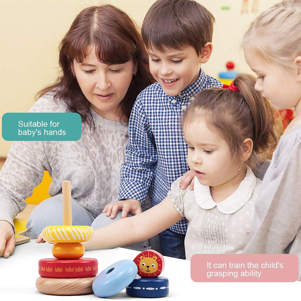 LEO & FRIENDS: Wooden Stacking Ring Toy - Coloful Tower, Leo The Lion Animal Topper