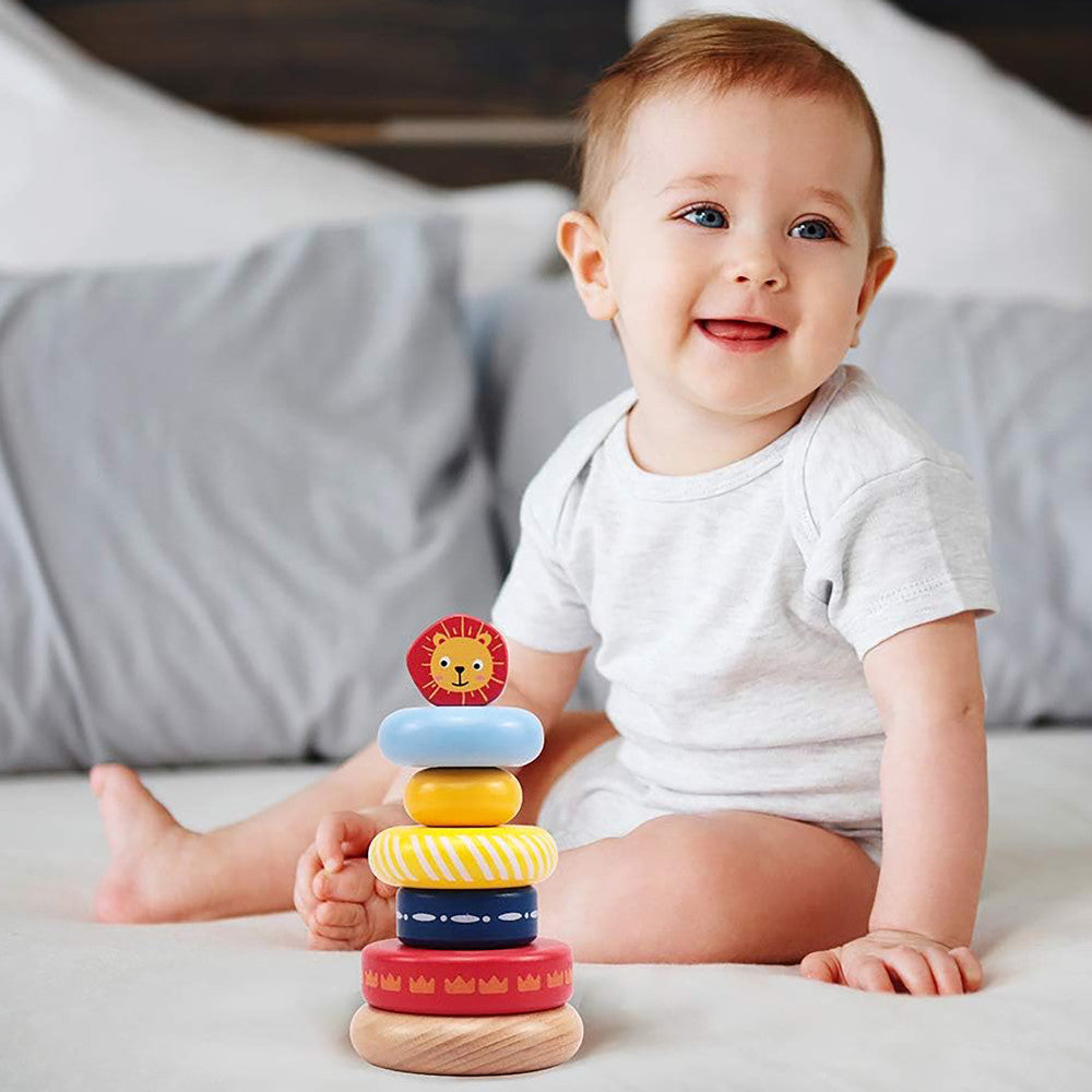 LEO & FRIENDS: Wooden Stacking Ring Toy - Coloful Tower, Leo The Lion Animal Topper