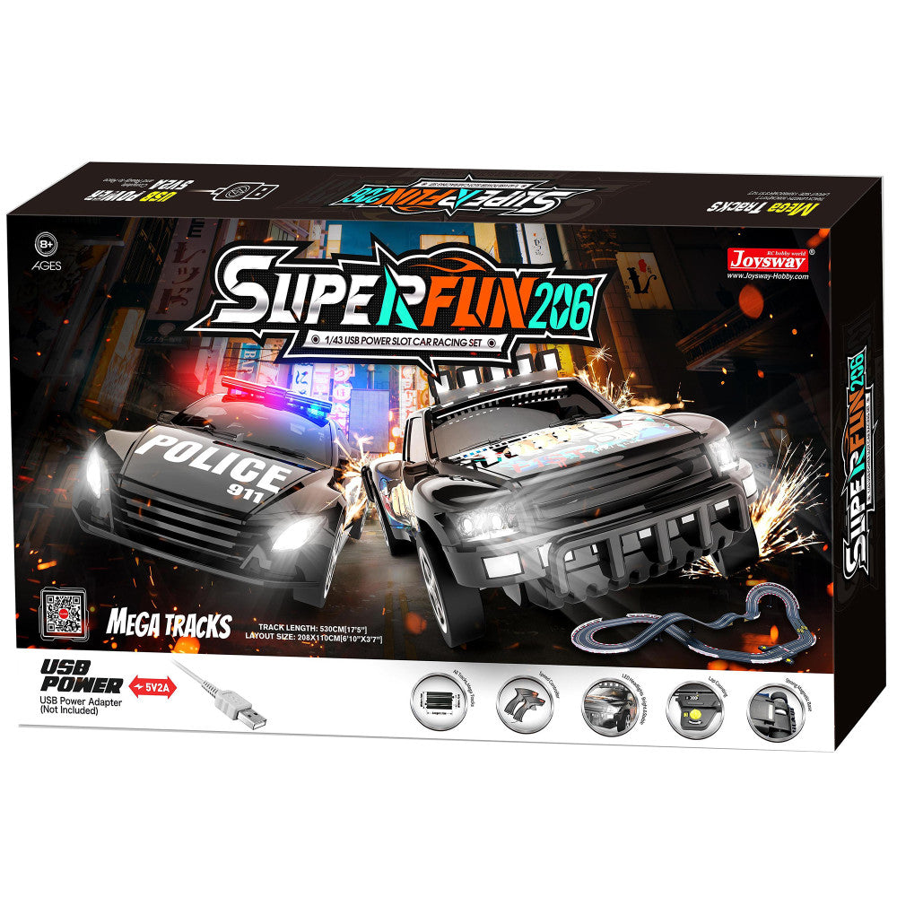 Joysway SuperFun 206 1:43 USB-powered slot car racing set with two light-up cars—police and off-road vehicle—on mega track with urban backdrop