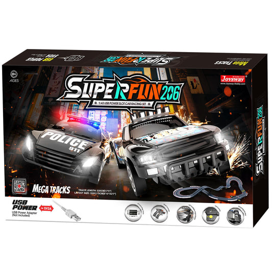 Joysway SuperFun 206 1:43 USB-powered slot car racing set with two light-up cars—police and off-road vehicle—on mega track with urban backdrop
