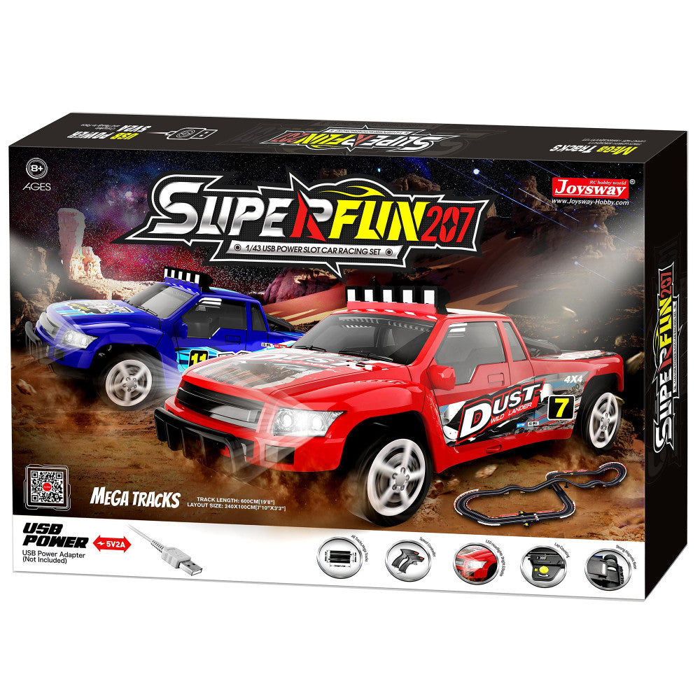 SuperFun 207 USB-powered 1/43 slot car racing set with red and blue pickup truck cars on desert track layout