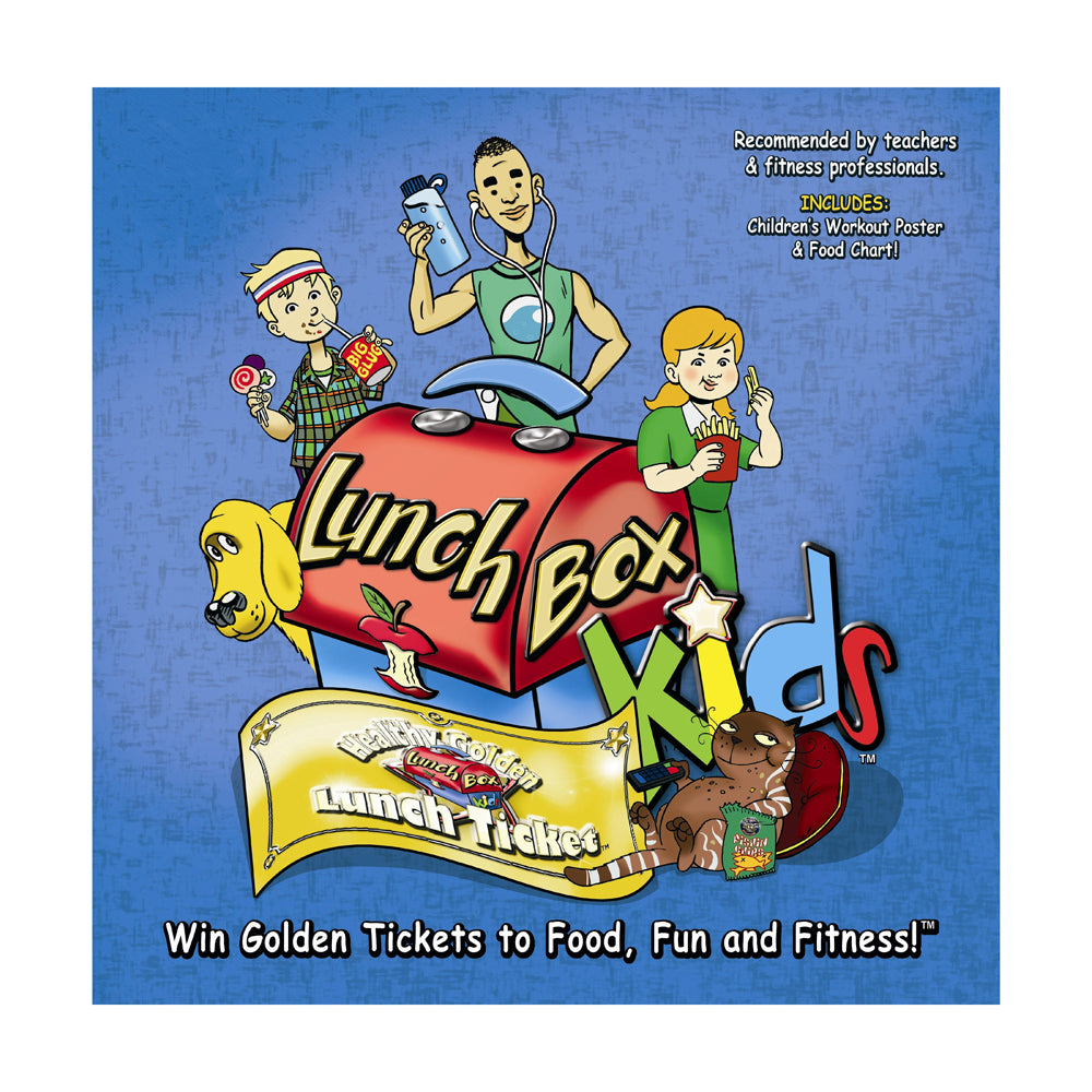 LunchBox Kids board game box art featuring illustrated children and a fitness trainer around a red lunchbox, with text 'Win Golden Tickets to Food, Fun and Fitn
