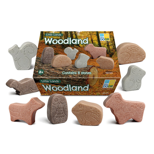 Little Lands Woodland set with box and 8 stone animal figures in gray and terracotta, including squirrel, owl, fish, rabbit, and other woodland creatures