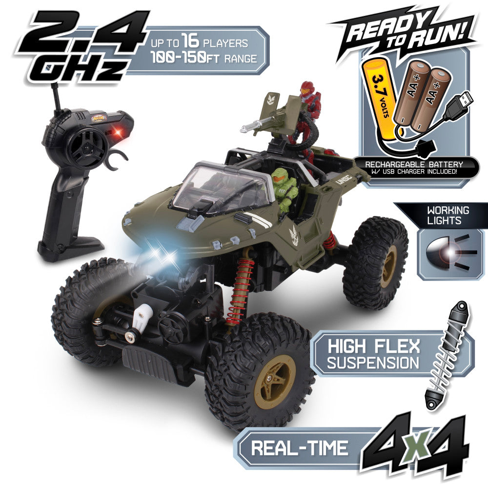 NKOK HALO Infinite RC: UNSC Warthog "Rock Hog" - Rock Climber, Master Chief & Spartan, 2.4 GHz Radio Control Vehicle