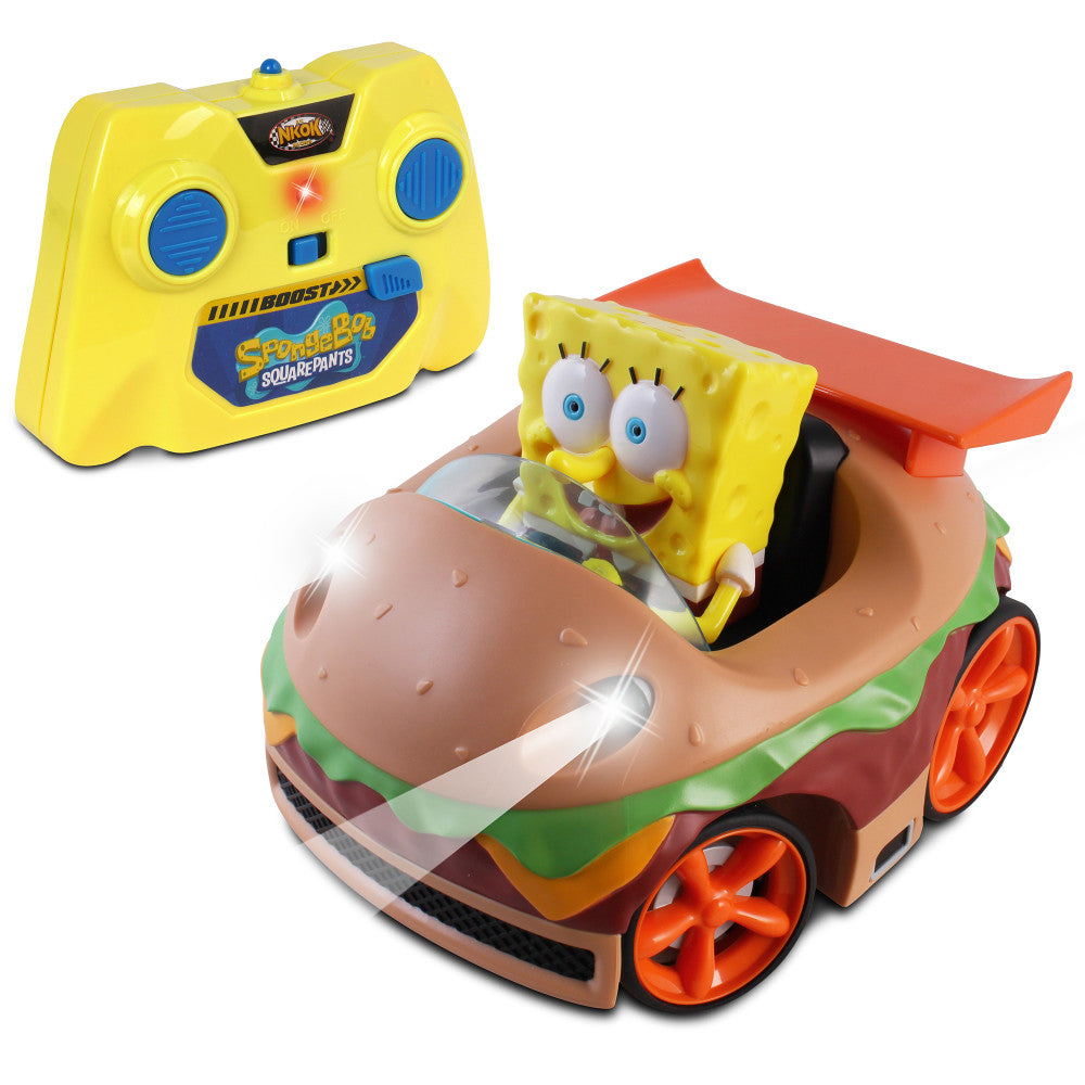 SpongeBob SquarePants remote control Krabby Patty vehicle with yellow controller and SpongeBob character figure in vehicle