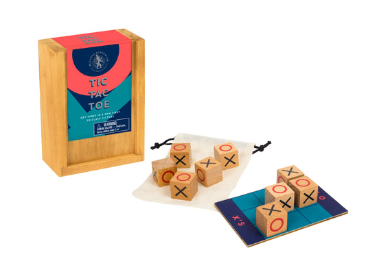 Ultimate Tic Tac Toe game with wooden box, wooden blocks marked with X and O symbols, game board, and storage pouch