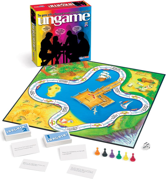 The Ungame Family Communication Board Game box and contents displayed, including colorful game board with island scene, question cards, colored game pieces, and