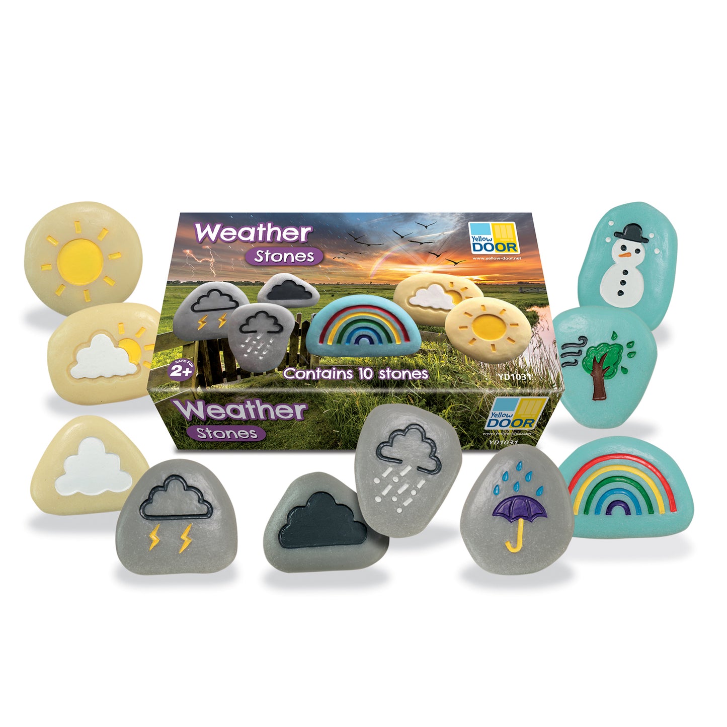 Yellow Door Weather Stones set of 10 painted stones featuring sun, clouds, raindrops, lightning, umbrella, rainbow, and snowman designs in cream, gray, and turq