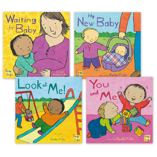 Four colorful board books illustrated by Rachel Fuller: Waiting for Baby, My New Baby, Look at Me!, and You and Me