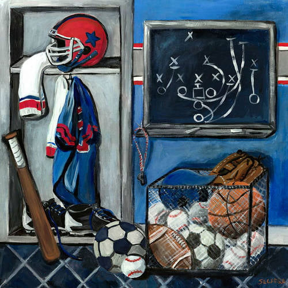 Illustrated locker room scene with sports equipment: football helmet, jersey, bat, soccer ball, baseballs, glove, and strategy chalkboard