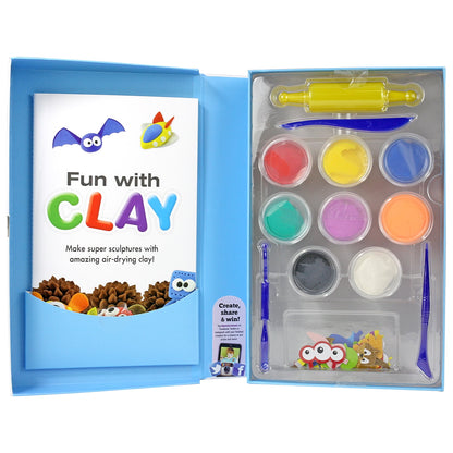 Fun with Clay air-drying sculpting kit with blue box containing instruction booklet, nine colors of clay in containers, yellow roller tool, blue sculpting tools