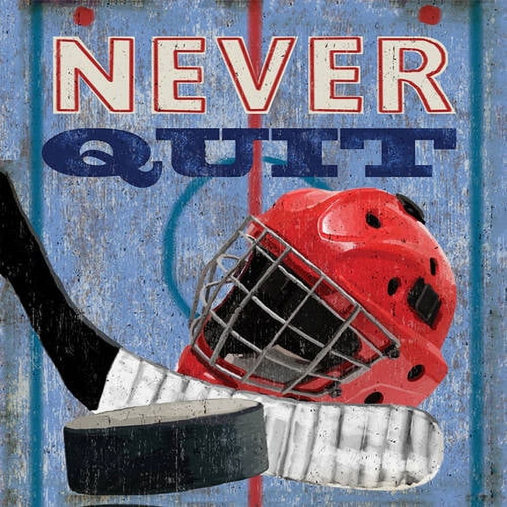 NEVER QUIT text on blue background above red hockey helmet and black and white hockey stick, inspirational sports wall art