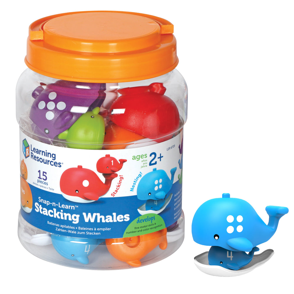 Snap-n-Learn Stacking Whales set with 15 colorful whale pieces in orange, purple, red, green, and blue in clear jar with orange lid, one blue whale displayed se