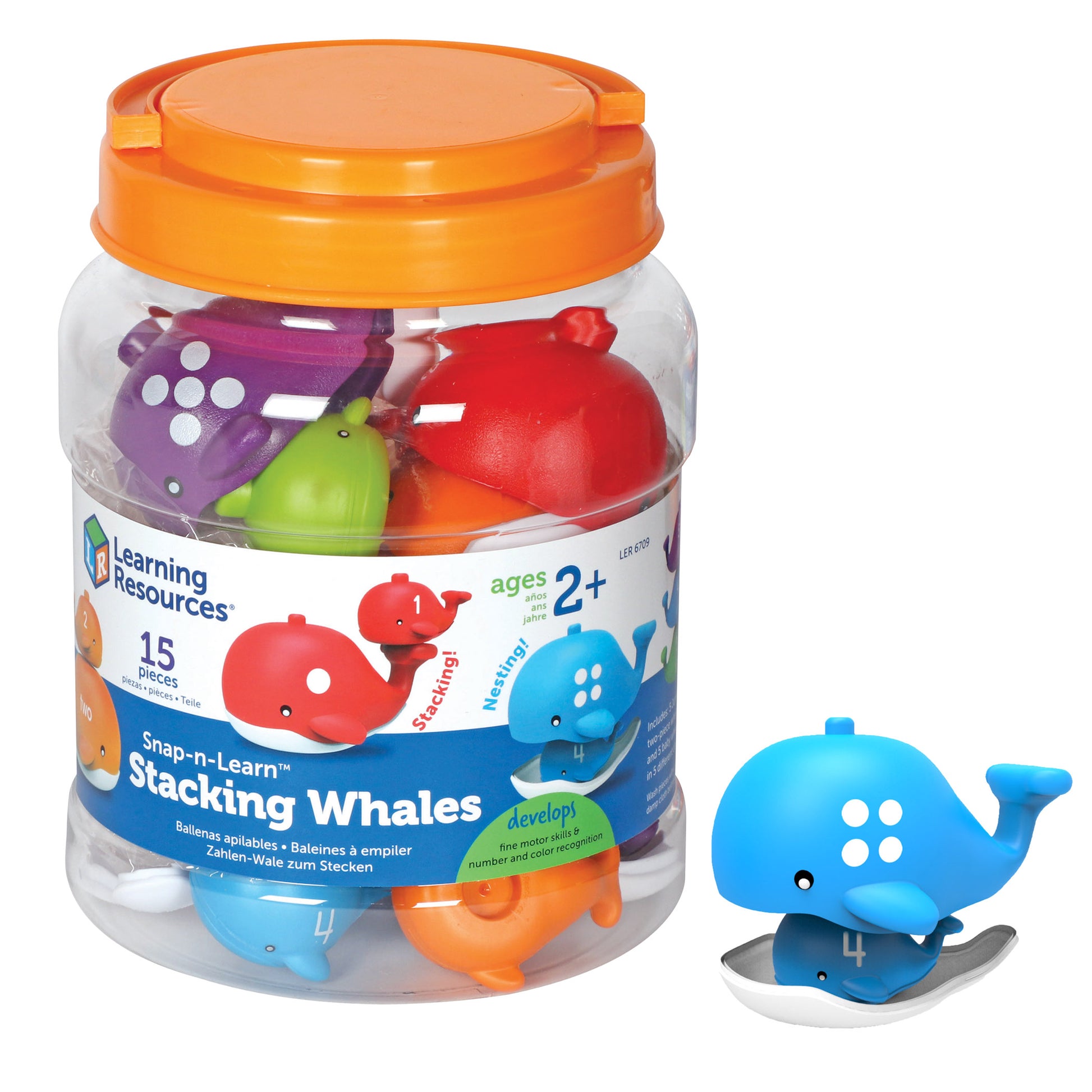 Snap-n-Learn Stacking Whales set with 15 colorful whale pieces in orange, purple, red, green, and blue in clear jar with orange lid, one blue whale displayed se