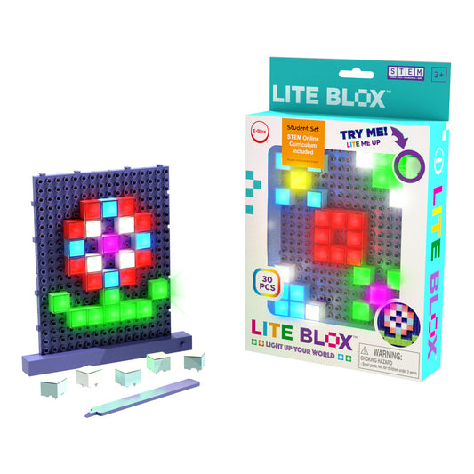 E-Blox Lite Blox Student Set with illuminated colorful blocks in red, green, cyan, and magenta on pegboard