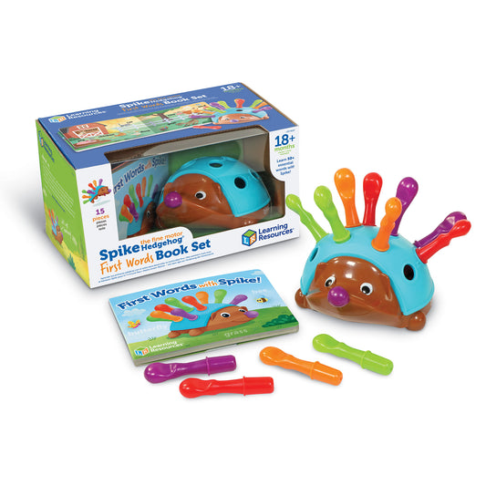 Spike the Hedgehog First Words Book Set with brown hedgehog toy, colorful spikes, picture book, and loose plastic spikes in multiple colors