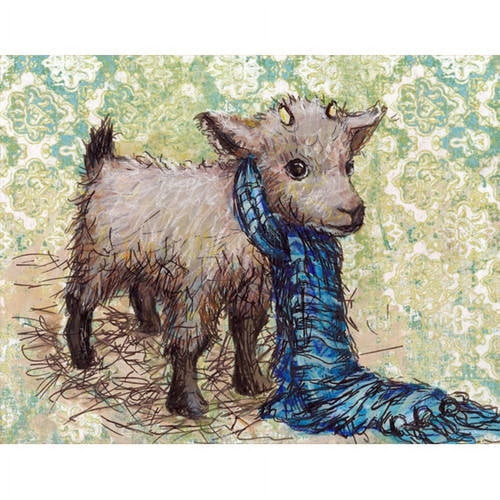 Gray plush goat toy wearing a blue plaid scarf, standing against a green and white decorative damask patterned background
