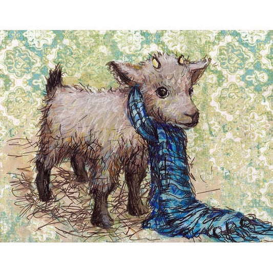 Gray plush goat toy wearing a blue plaid scarf, standing against a green and white decorative damask patterned background