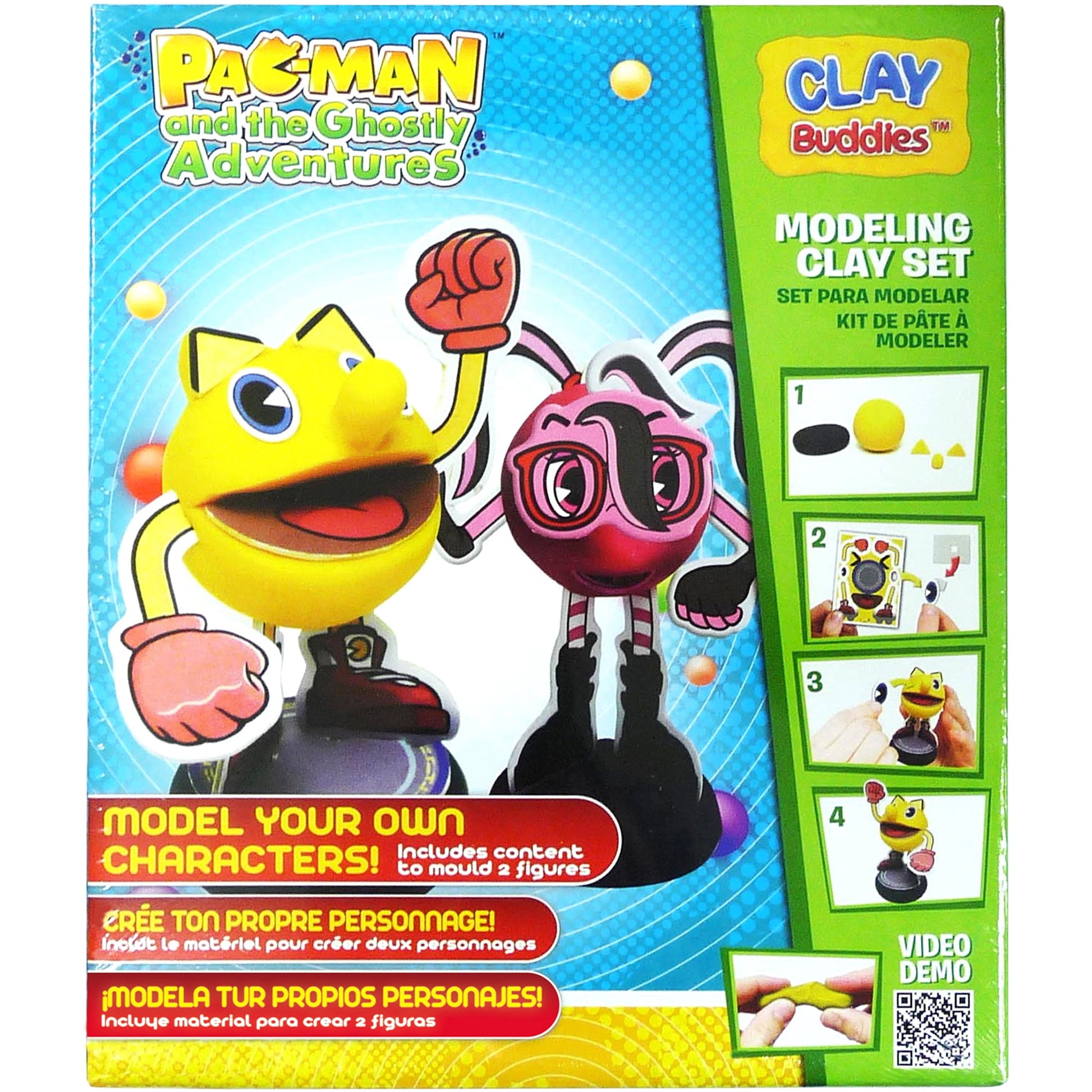 Pac-Man and the Ghostly Adventures Clay Buddies modeling clay set box showing yellow Pac-Man character and pink ghost character with clay-sculpting instruction