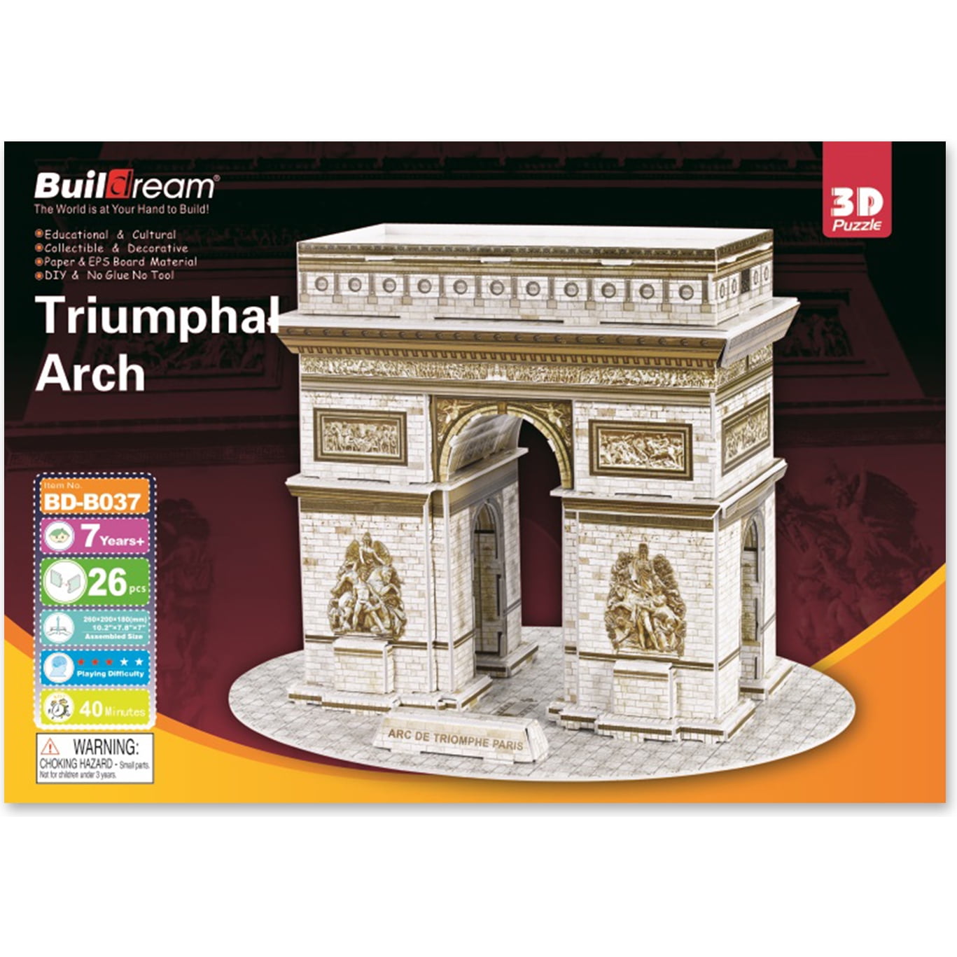 BuildDream 3D Puzzle box displaying assembled Triumphal Arch model in cream and gold, 26 pieces, ages 7+