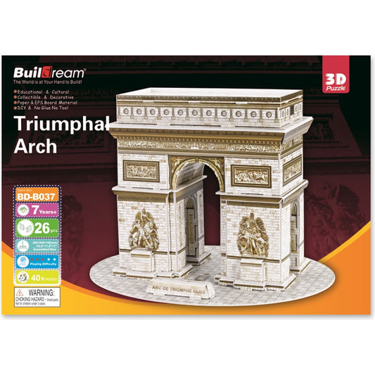 BuildDream 3D Puzzle box displaying assembled Triumphal Arch model in cream and gold, 26 pieces, ages 7+
